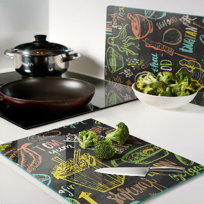 Glass chopping board Culinary theme with food