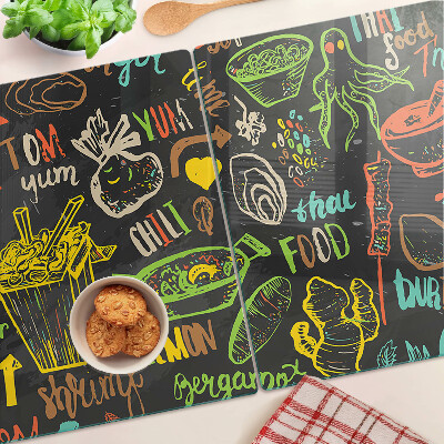 Glass chopping board Culinary theme with food