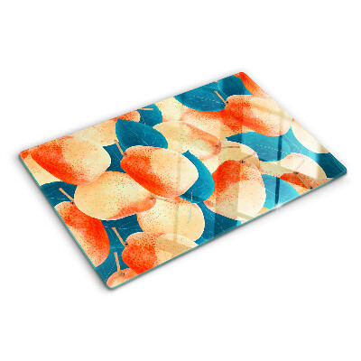 Chopping board Peaches against the background of leaves