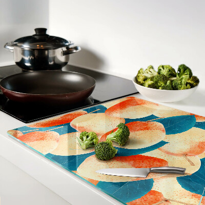 Chopping board Peaches against the background of leaves