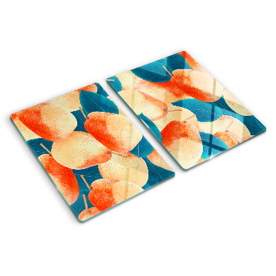 Chopping board Peaches against the background of leaves