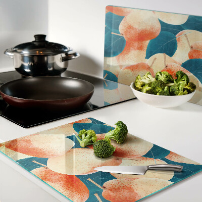 Chopping board Peaches against the background of leaves