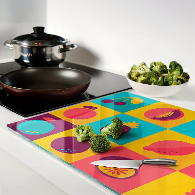 Glass kitchen board Fruit motif in colorful squares