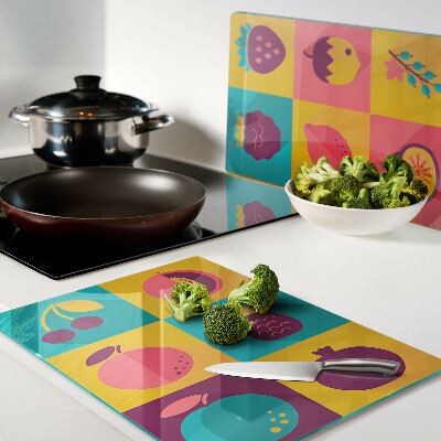 Glass kitchen board Fruit motif in colorful squares