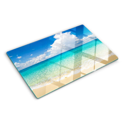 Chopping board glass A beach with turquoise water and clouds