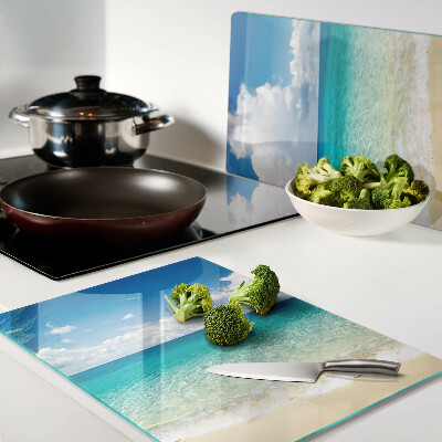 Chopping board glass A beach with turquoise water and clouds