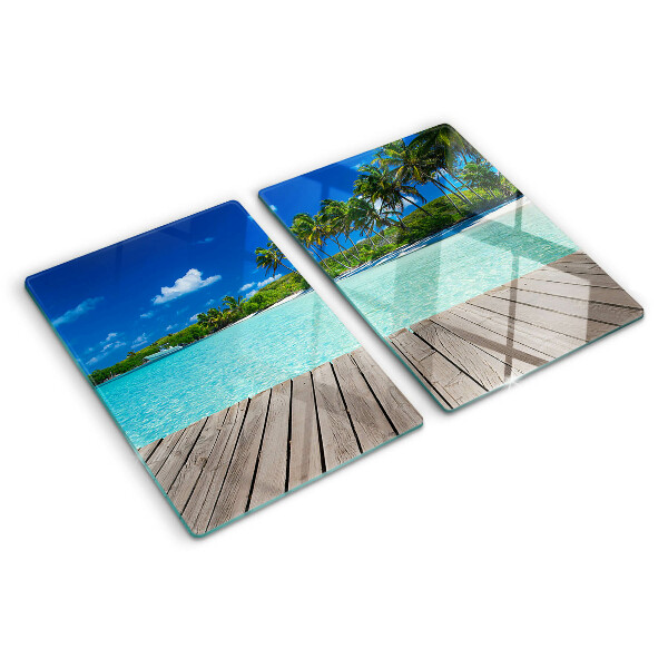 Glass chopping board Tropical beach with palm trees