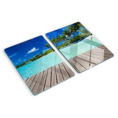 Glass chopping board Tropical beach with palm trees