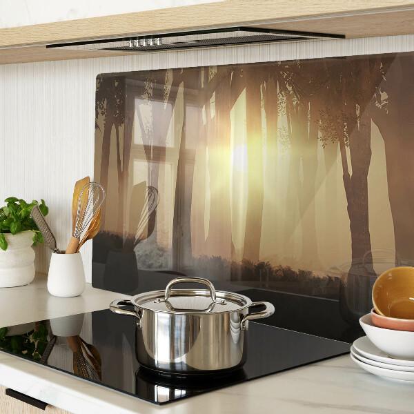 Glass kitchen board Sunset in the forest