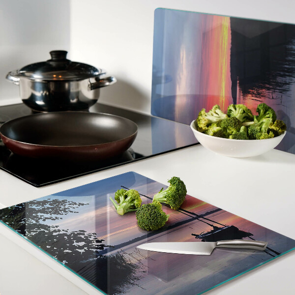 Glass chopping board Sunset over the lake