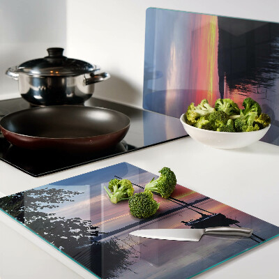 Glass chopping board Sunset over the lake