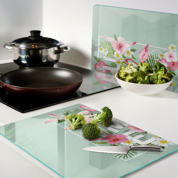 Cutting board Summer flowers and flamingos