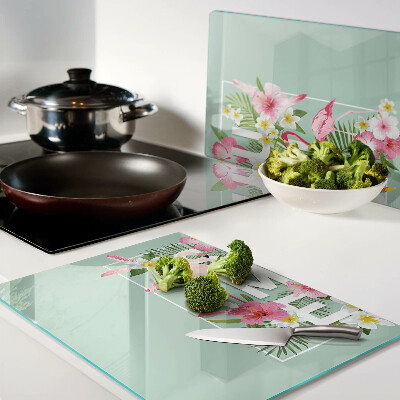 Cutting board Summer flowers and flamingos