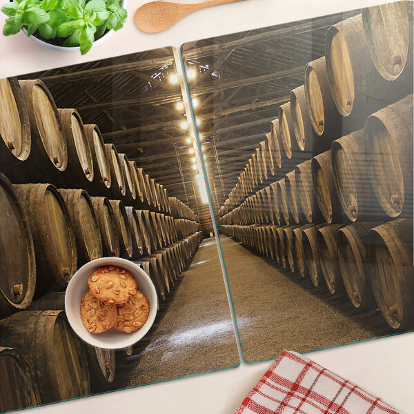 Chopping board glass Interior of a winery with barrels