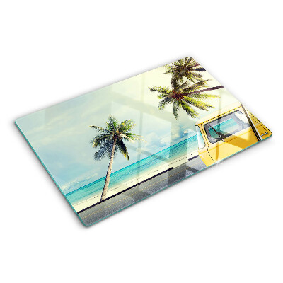Glass cutting board Beach with palm trees and a car