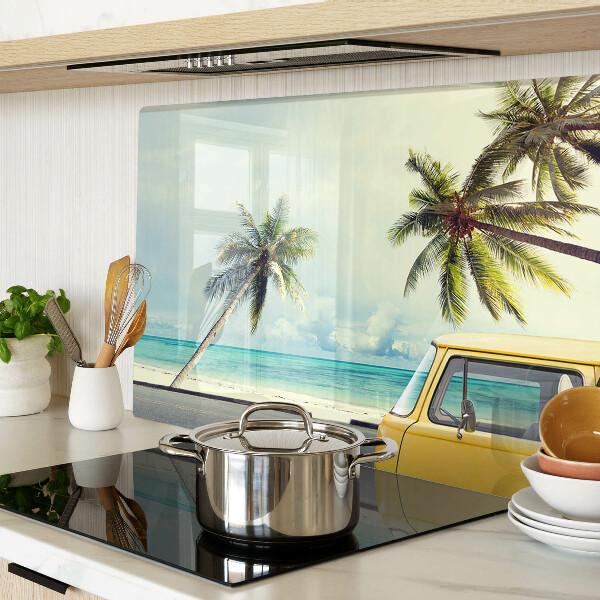 Glass cutting board Beach with palm trees and a car