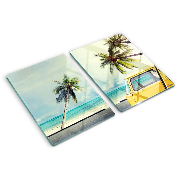 Glass cutting board Beach with palm trees and a car