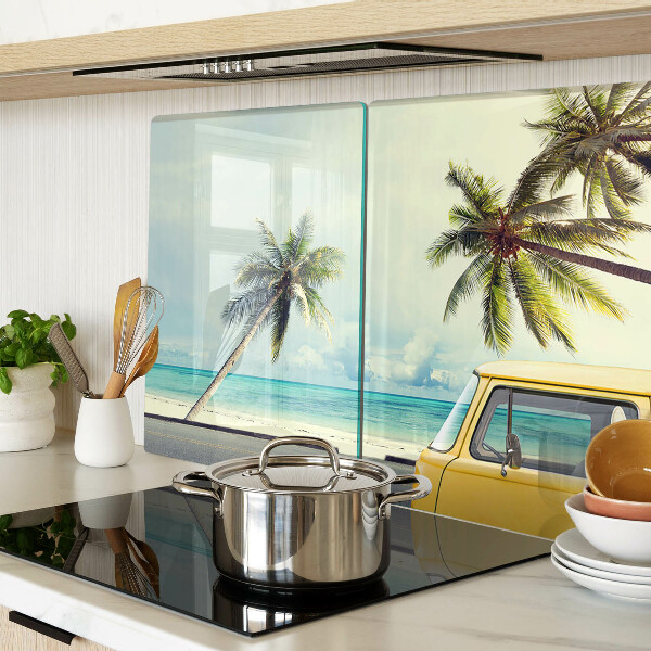 Glass cutting board Beach with palm trees and a car