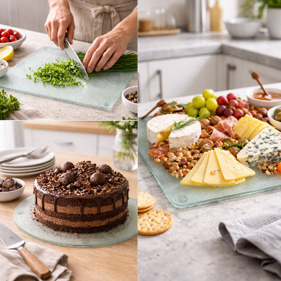Glass cutting board with a round semi-transparent design