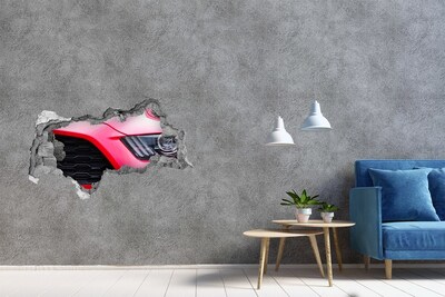 Hole wall sticker Red sports car through a hole in the wall