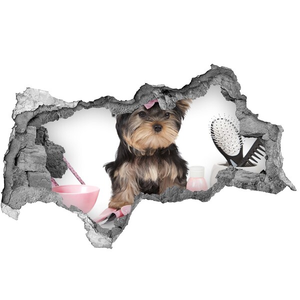 Hole wall sticker A sweet Yorkshire Terrier with a pink bow