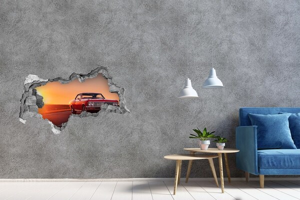Hole in the wall sticker Classic car against the backdrop of a sunset
