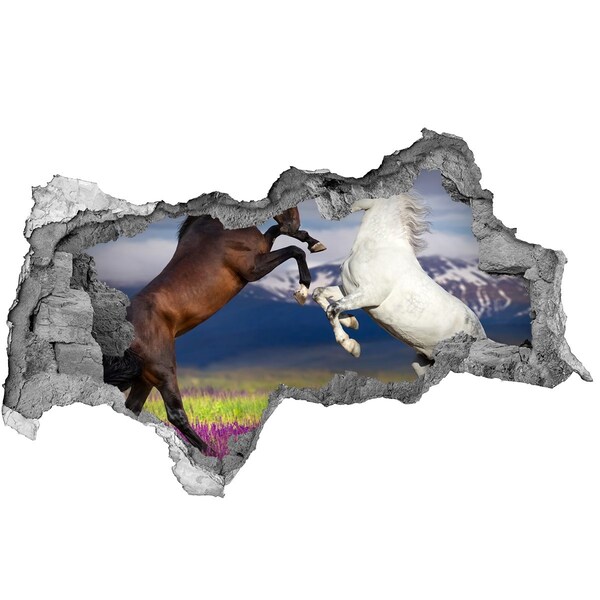 Hole in the wall sticker Fighting horses mountains