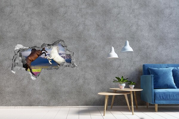 Hole in the wall sticker Fighting horses mountains