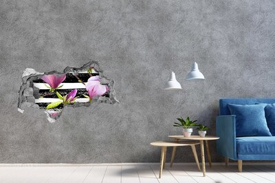 Hole in the wall sticker Flowers on a striped background