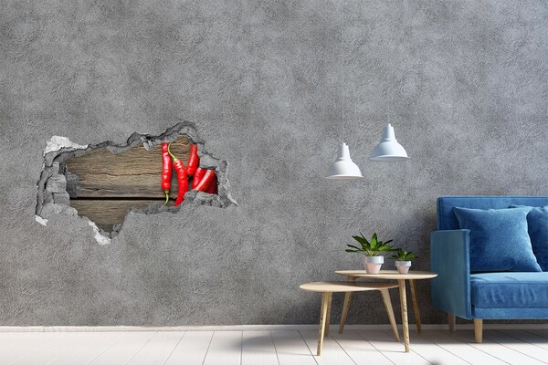 Hole wall sticker Chili peppers on a wooden surface