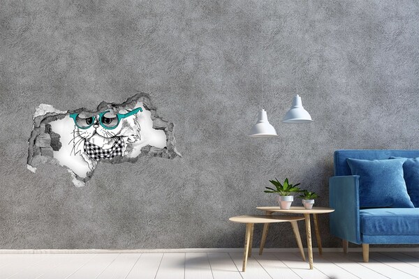 Hole in the wall sticker Stylish cat with glasses