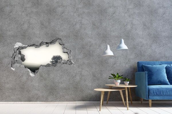 Hole wall sticker A misty clearing with a lonely tree