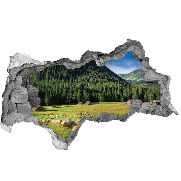 Hole in the wall sticker Green valley with sheep