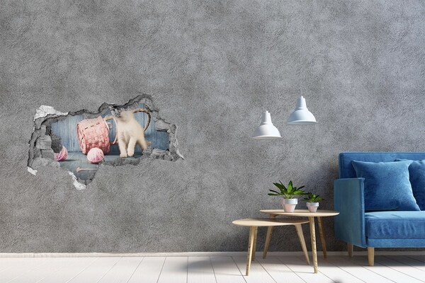 Hole in the wall decal White cat and skeins