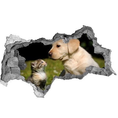 Hole in the wall sticker A dog and a cat in the meadow