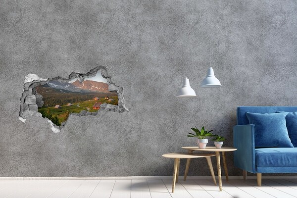 Hole in the wall decal Mountain valley with huts