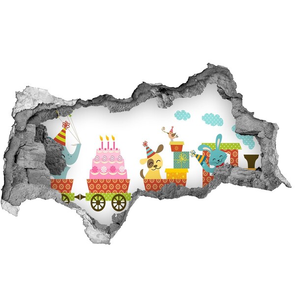 Hole in the wall decal Train with presents and birthday cake