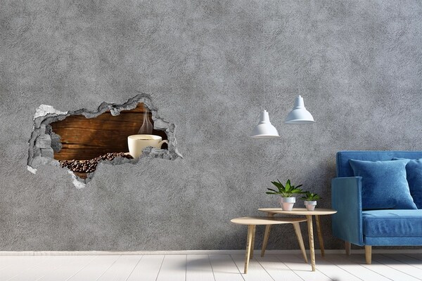 Hole in the wall decal Coffee and beans on a wooden background