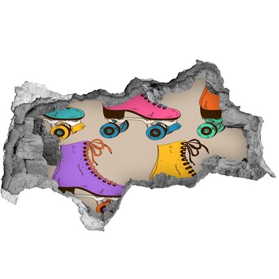 Hole in the wall sticker Colorful roller skates in a hole in the wall