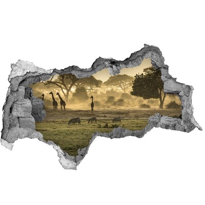 Hole wall sticker African savanna with giraffes and zebras