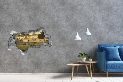 Hole wall sticker African savanna with giraffes and zebras