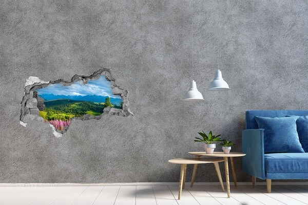 Hole wall sticker Mountain landscape with flowers