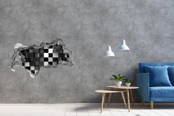 Hole in the wall sticker Black and white cubes in the wall