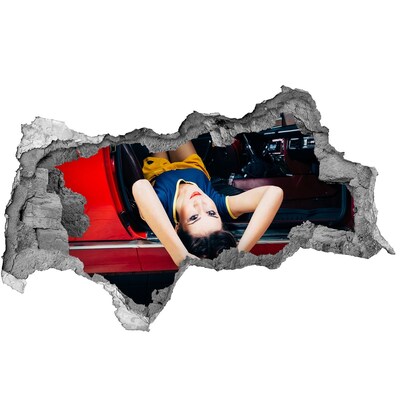 Hole in the wall decal Woman in a classic car