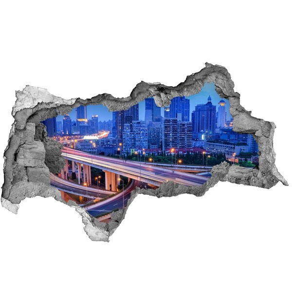 Hole wall sticker Modern city at night