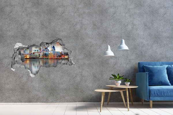 Hole in the wall decal A view of a modern city by the water