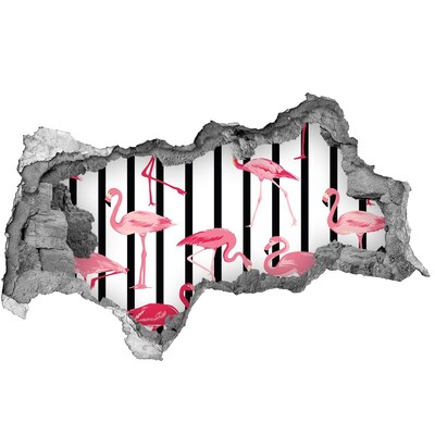 Hole in the wall sticker Flamingos on a striped background