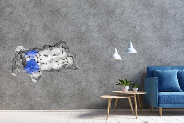 Hole in the wall decal Beach pebbles with a blue accent
