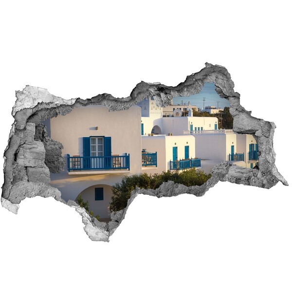 Hole wall sticker View of white houses with blue windows