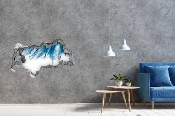 Hole in the wall sticker Blue feathers in concrete